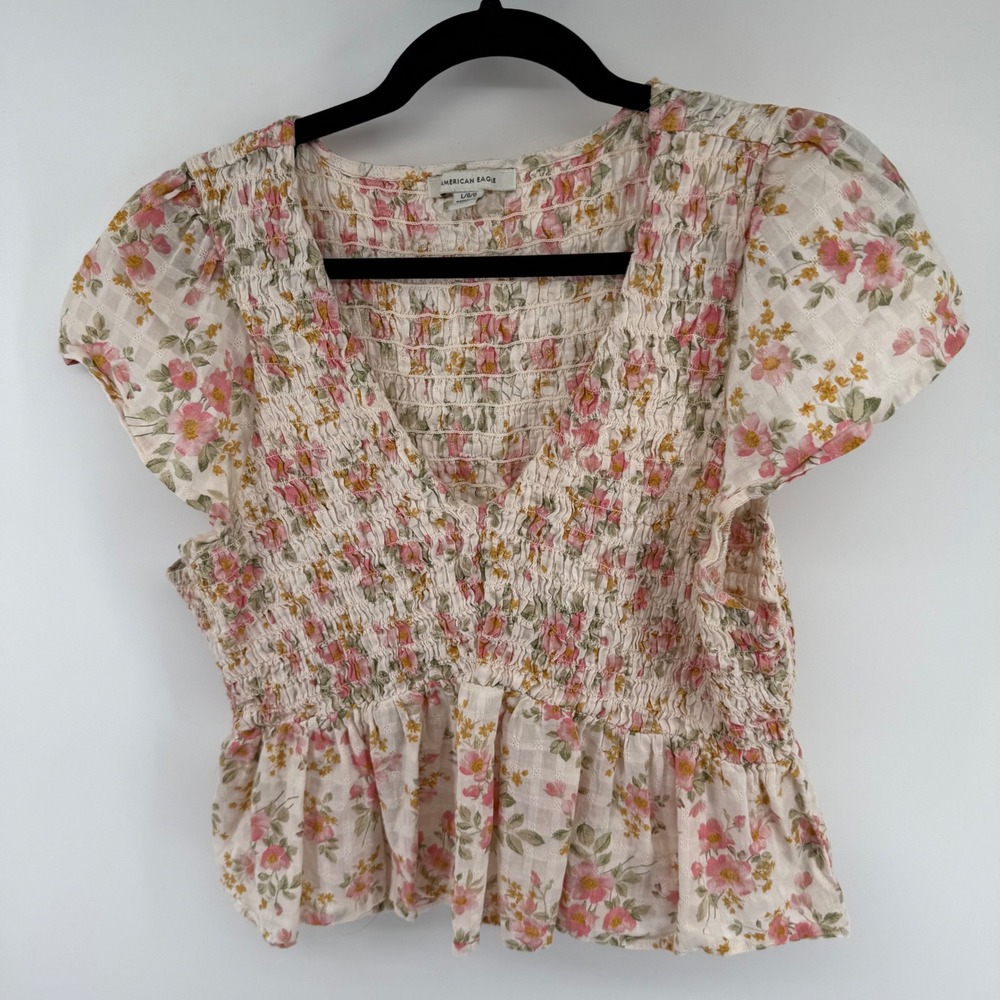 American Eagle Floral Smocked Peplum Top V-Neck Flutter Sleeve Pink Yellow L